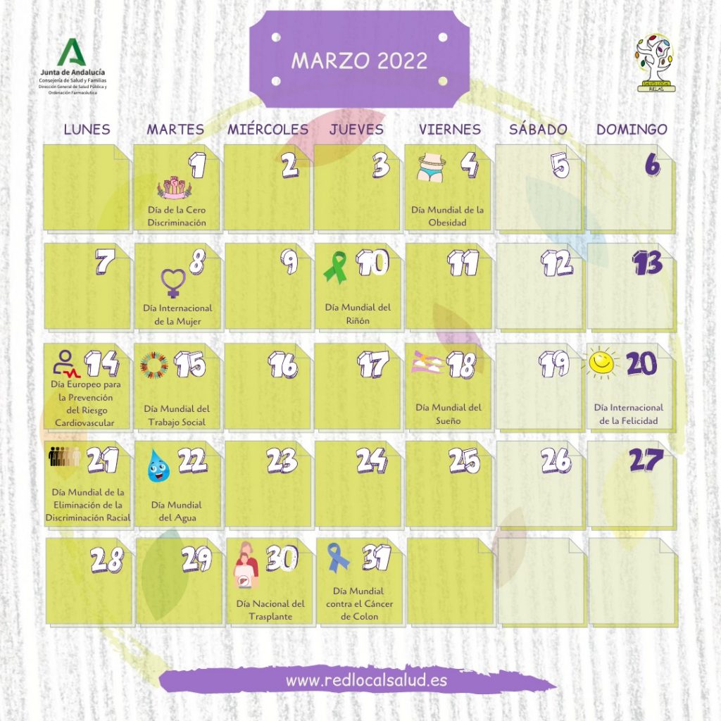 Calendario de febrero Días Mundiales y salud Red Local de Acción en